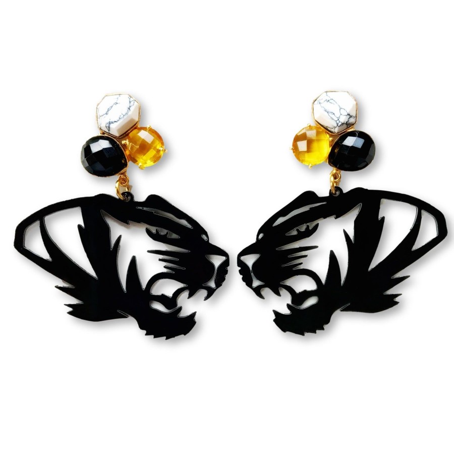 Accessories Brianna Cannon | Mizzou Black Tiger Earrings With 3 Gemstones