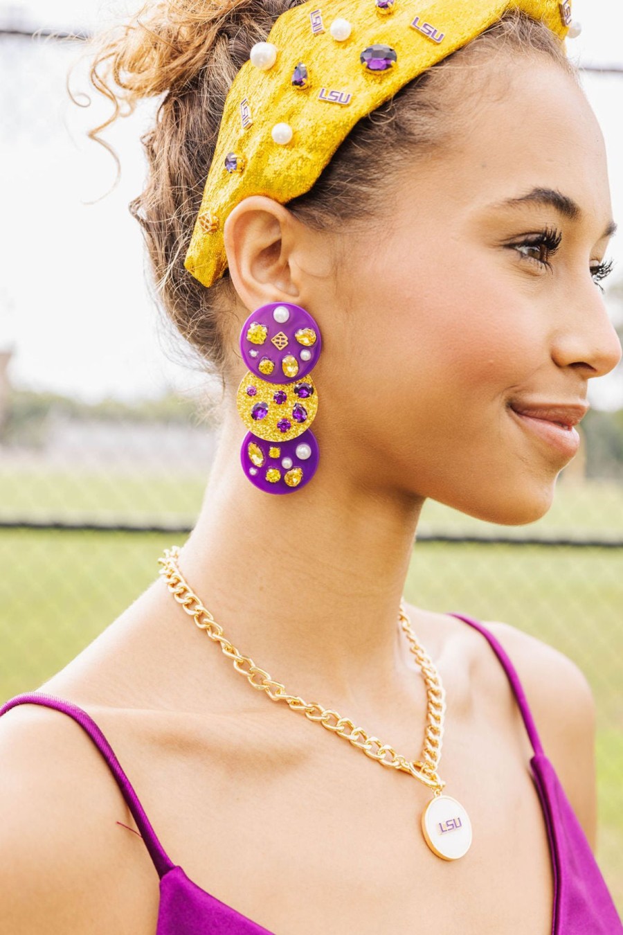 Accessories Brianna Cannon | Purple And Gold Triple Dot Earrings