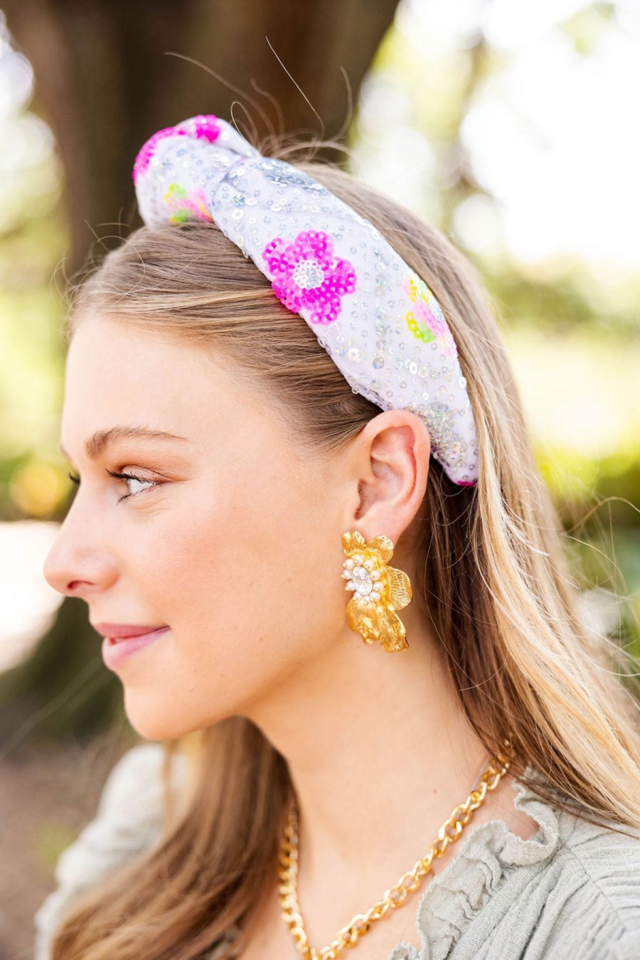 Accessories Brianna Cannon | Adult Size Sequin Headband With Bright Flowers