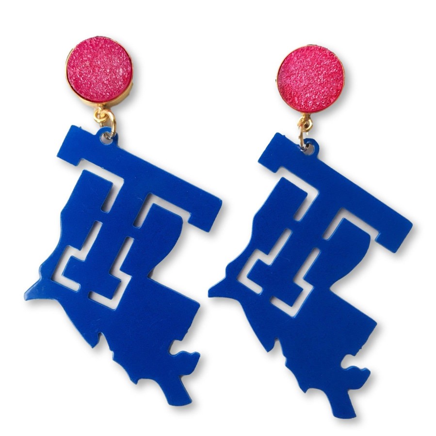 Accessories Brianna Cannon | Louisiana Tech Blue Logo Earrings With Red Druzy