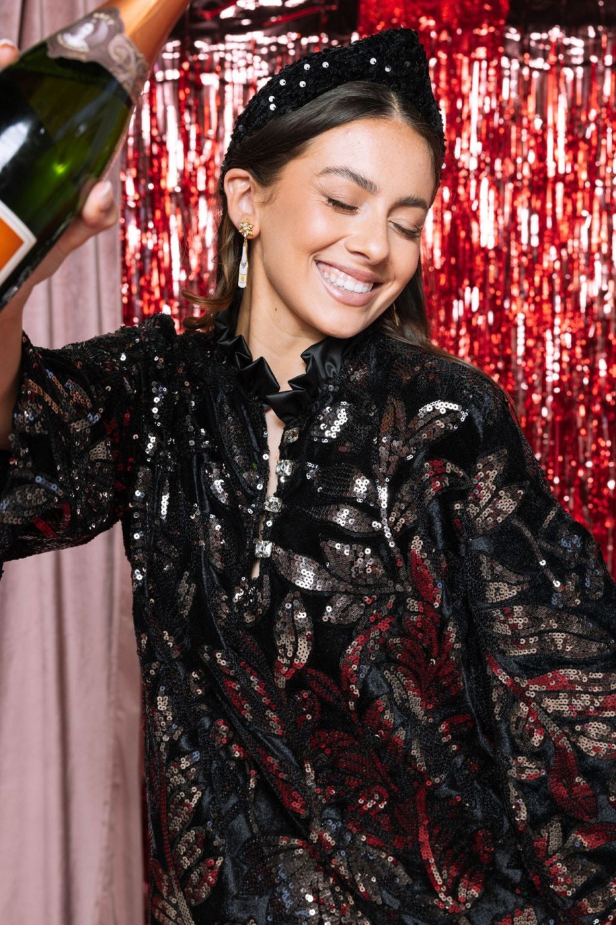 Dresses Brianna Cannon | Bc Caftan - Black Velvet With Smoky Topaz Sequins