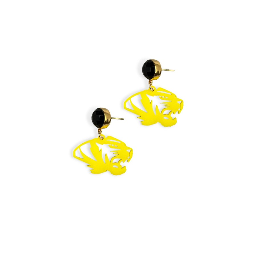 Accessories Brianna Cannon | Mini Mizzou Yellow Acrylic Tiger Earrings With Black Onyx Gemstones