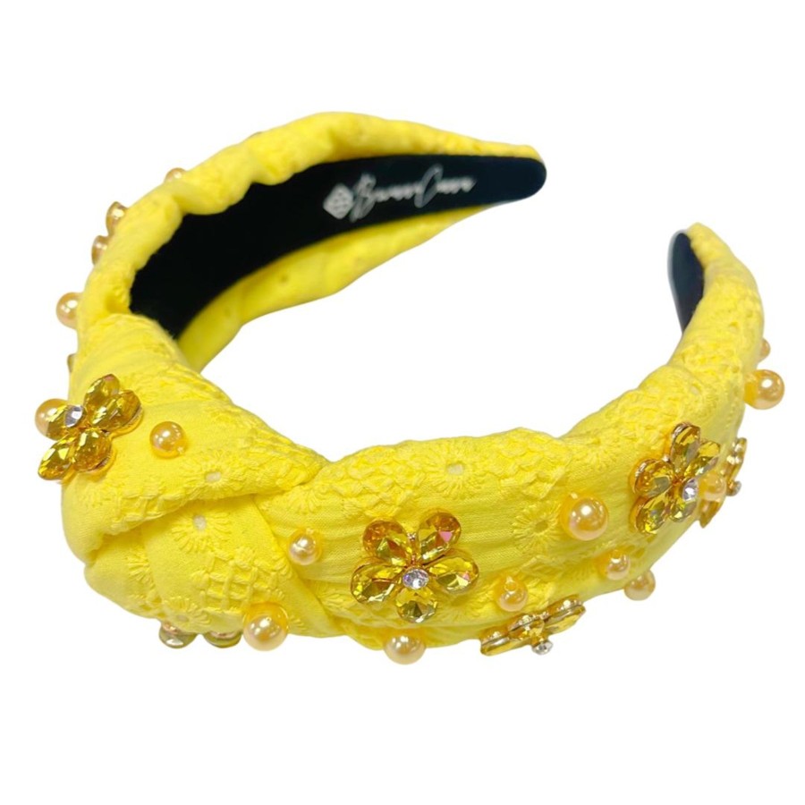 Rainbow Brianna Cannon | Yellow Eyelet Headband With Crystal Flowers