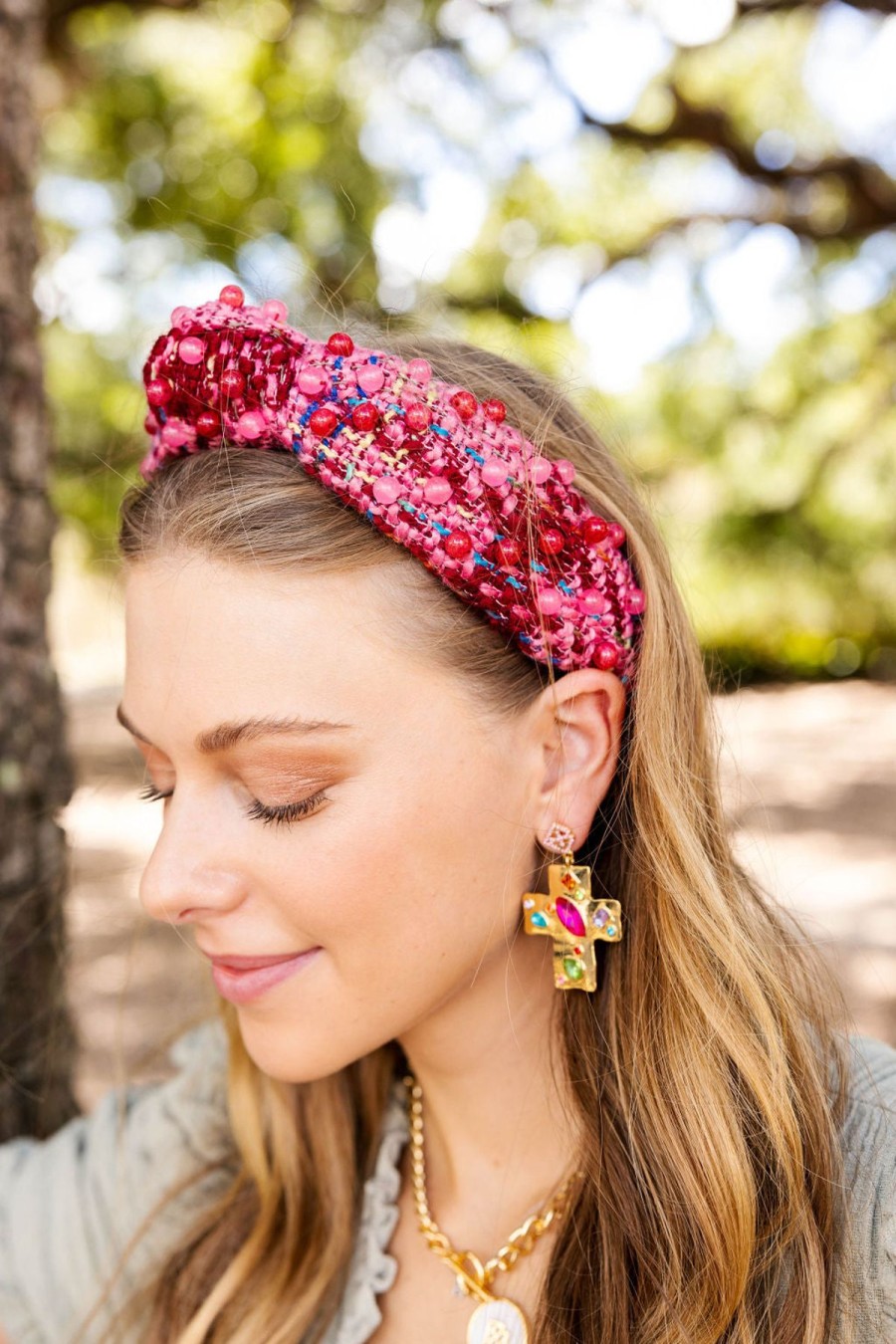 Accessories Brianna Cannon | Pink & Red Tweed Headband With Beads