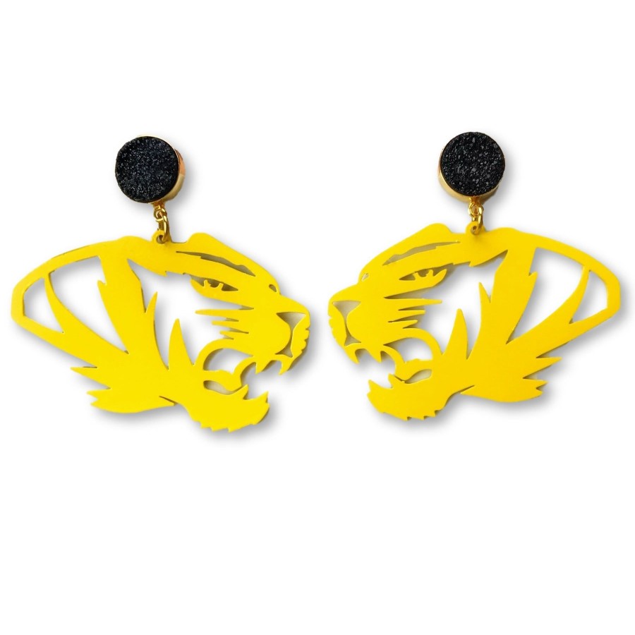 Accessories Brianna Cannon | Mizzou Yellow Tiger Earrings With Black Druzy