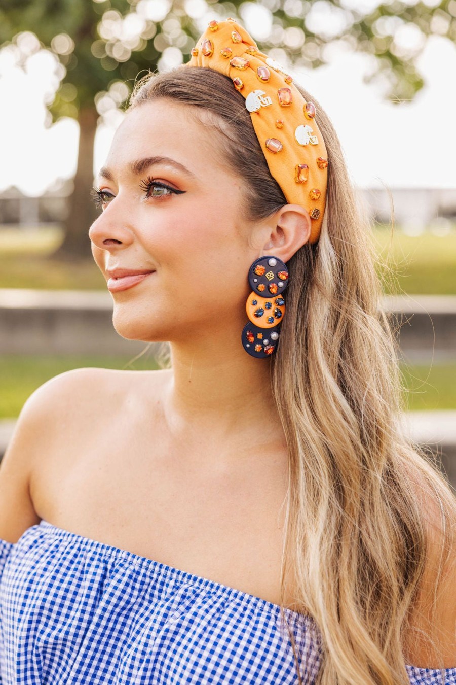 Accessories Brianna Cannon | Navy Blue And Orange Triple Dot Earrings