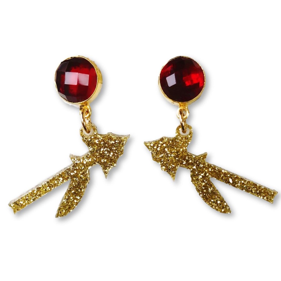 Accessories Brianna Cannon | Mini Fsu Gold Glitter Acrylic Spear Earrings With Garnet Gemstones