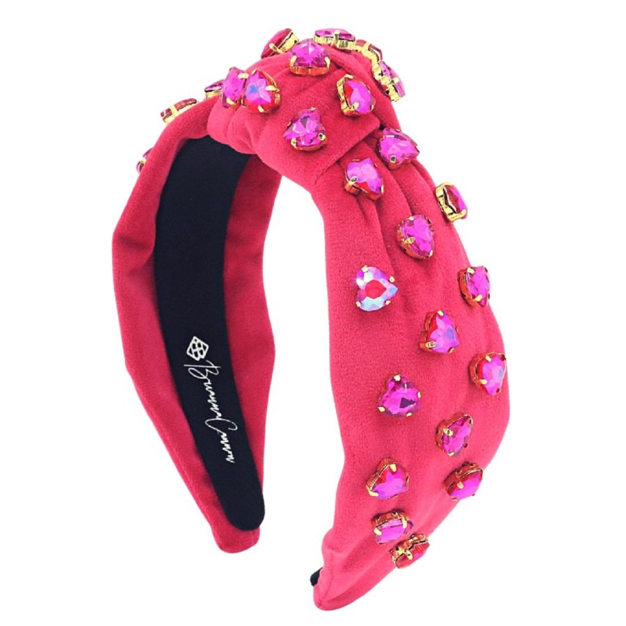 Accessories Brianna Cannon | Hot Pink Velvet Headband With Hand-Sewn Hot Pink Crystal Hearts