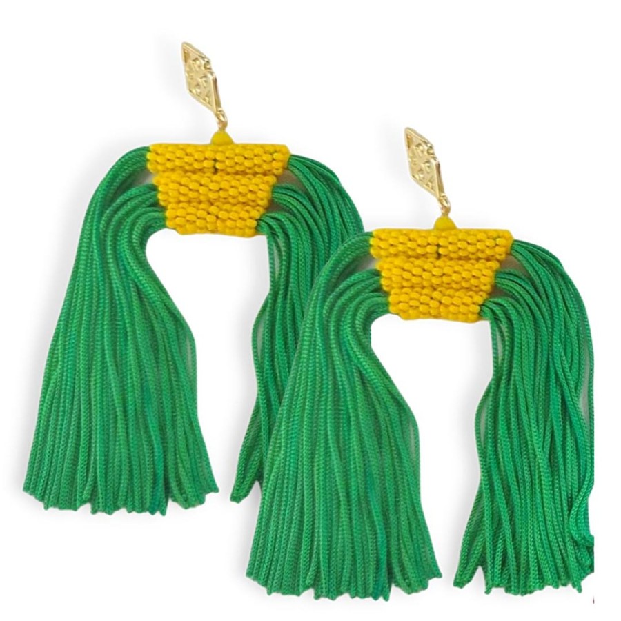 Accessories Brianna Cannon | Color Block Tassel Earrings - Green And Gold