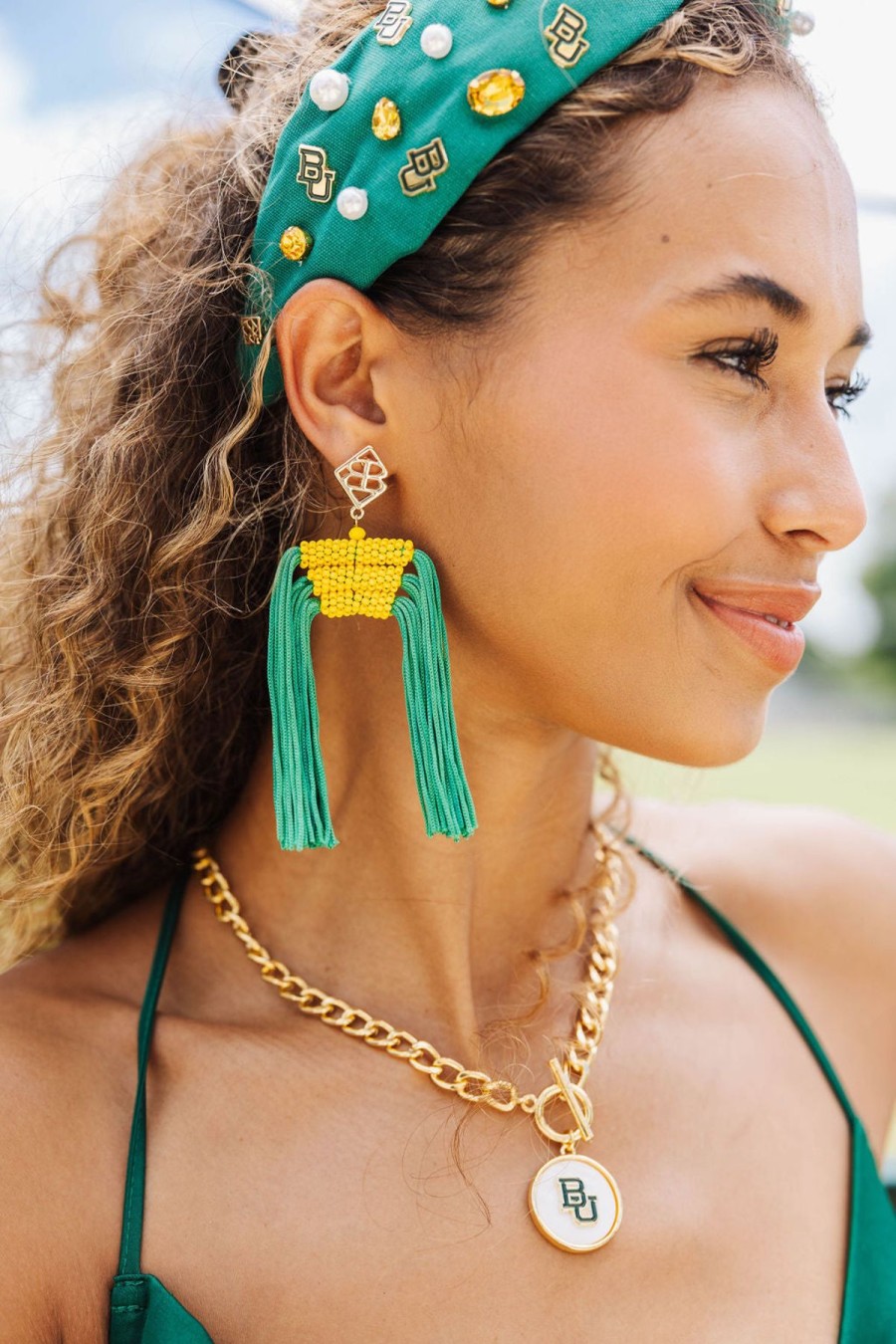 Accessories Brianna Cannon | Color Block Tassel Earrings - Green And Gold