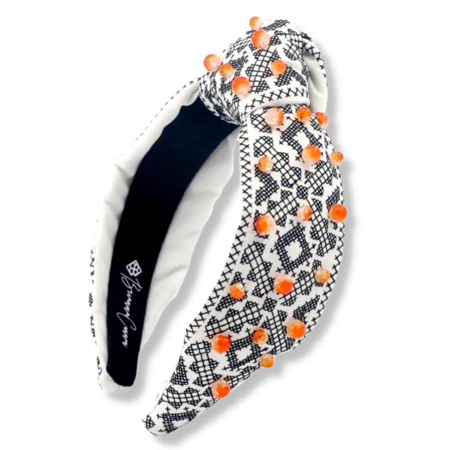 Accessories Brianna Cannon | Black And White Cross-Stitch Headband With Orange Crackle Glass Beads