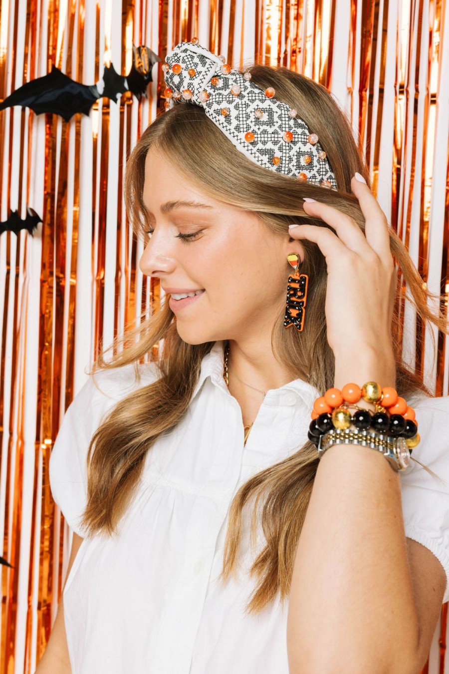 Accessories Brianna Cannon | Black And White Cross-Stitch Headband With Orange Crackle Glass Beads