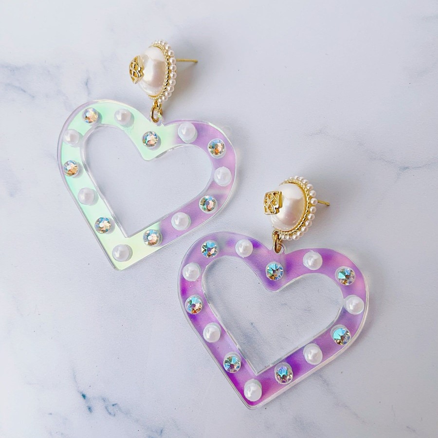 Accessories Brianna Cannon | Iridescent Heart Earrings With Pearls And Crystals