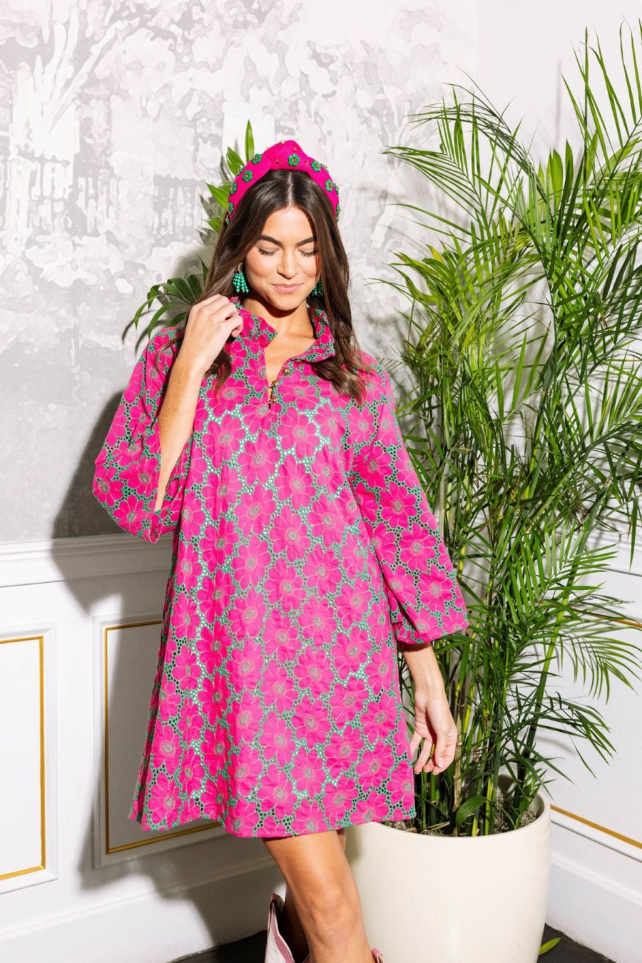 Dresses Brianna Cannon | Bc Caftan - Green And Fuchsia Eyelet