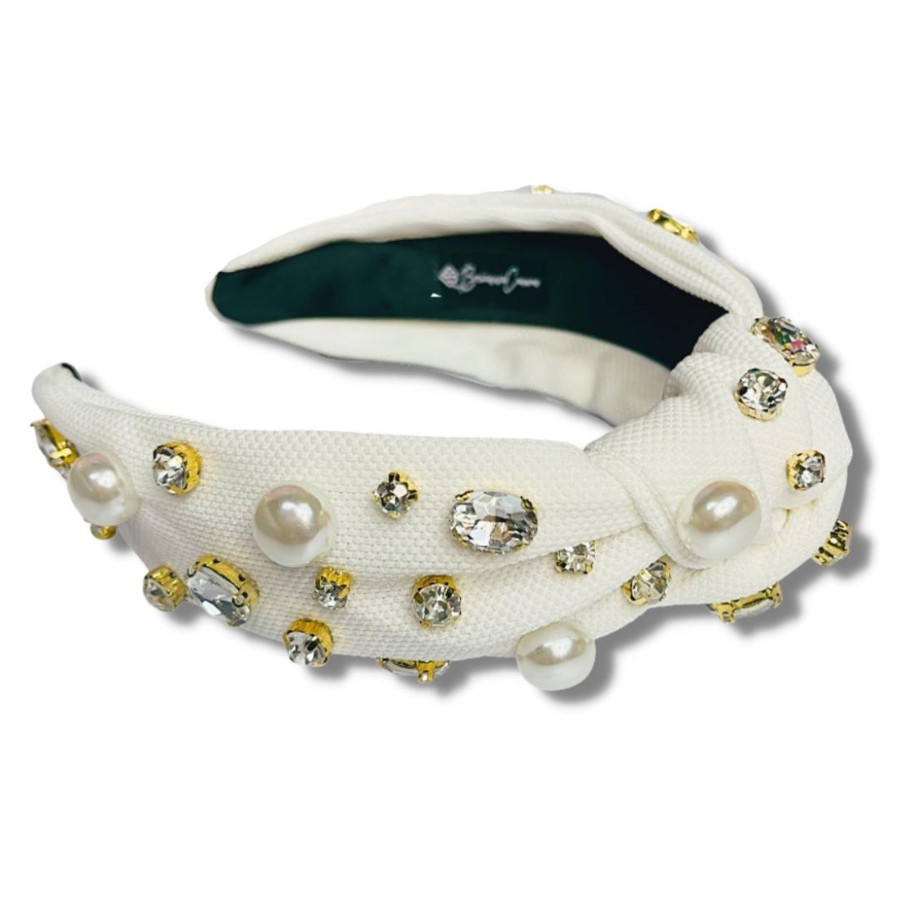 Accessories Brianna Cannon | White Twill Headband With Large Pearls And Crystals