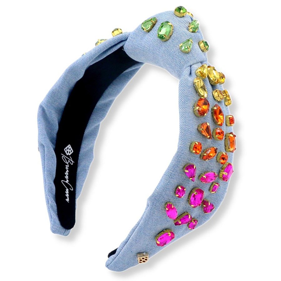 Accessories Brianna Cannon | Adult Size Denim Headband With Rainbow Gradient Hand-Sewn Crystals