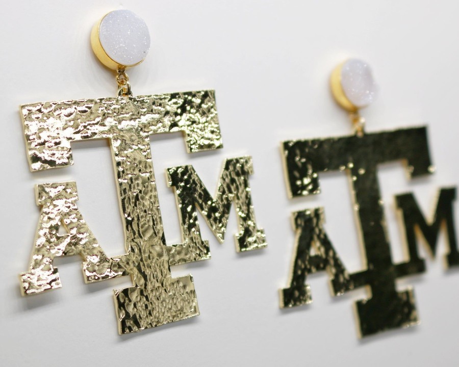 Accessories Brianna Cannon | Texas A&M Gold Logo Earrings With White Druzy