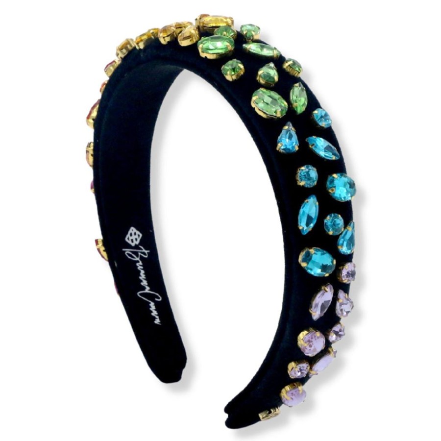 Rainbow Brianna Cannon | Thin Black Velvet Headband With Rainbow Gradient Hand-Sewn Crystals