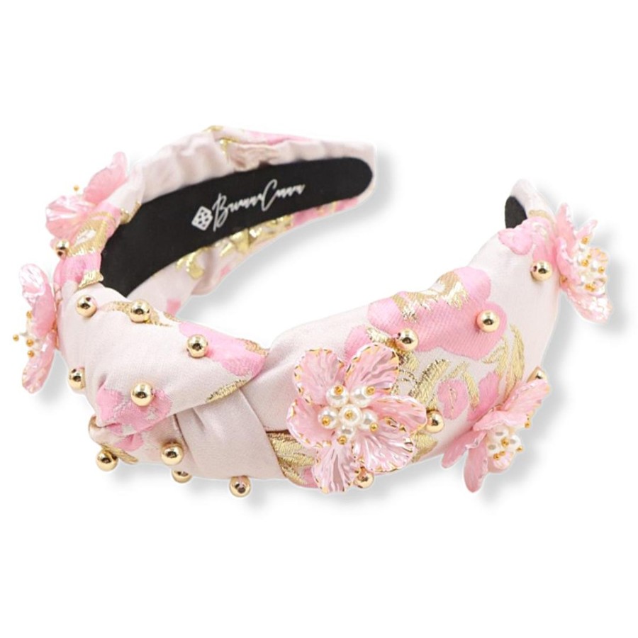 Accessories Brianna Cannon | Pink & Gold Brocade Floral Headband With 3D Flowers