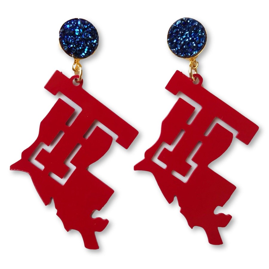 Accessories Brianna Cannon | Louisiana Tech Red Logo Earrings With Blue Druzy