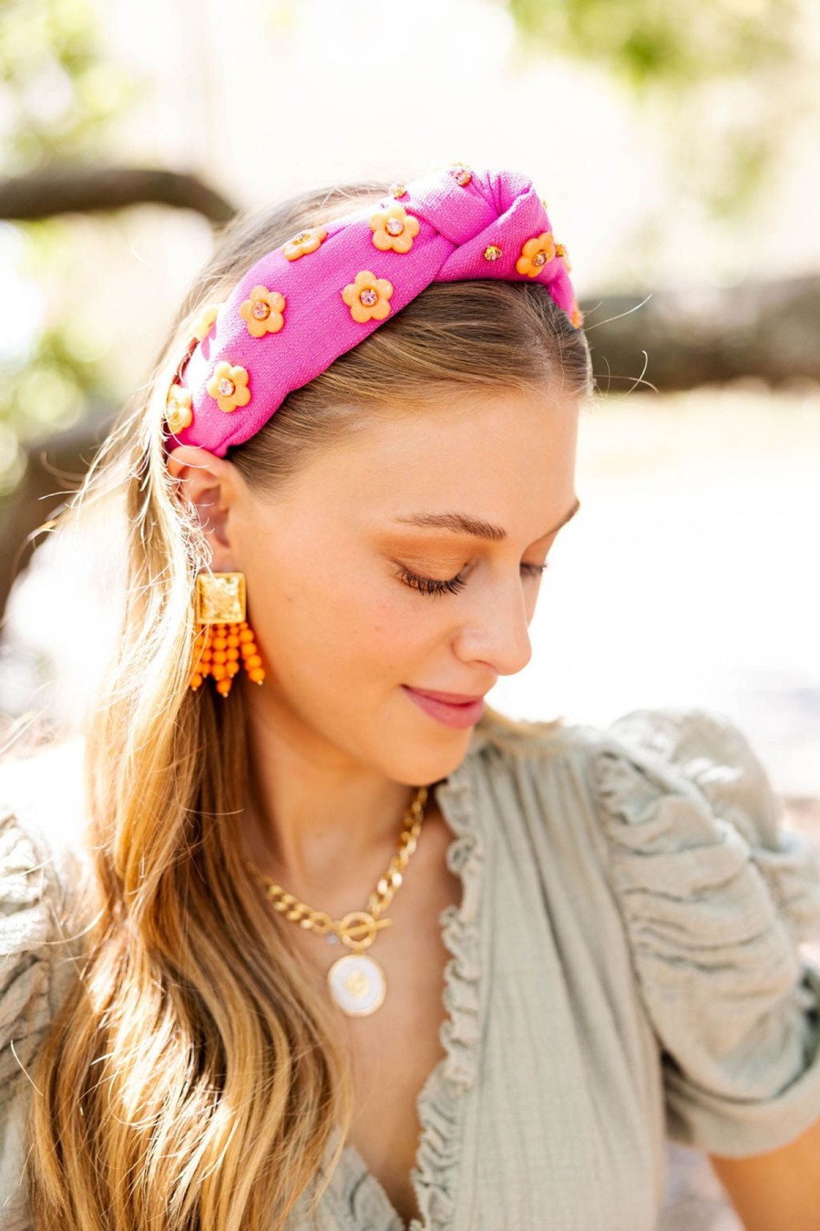 Accessories Brianna Cannon | Adult Size Bubble Gum Pink Headband With Orange Flowers