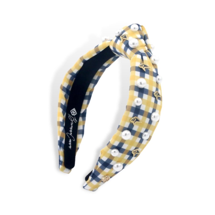 Accessories Brianna Cannon | Child Size Gold & Navy Gingham Pca Logo Headband With Pearls