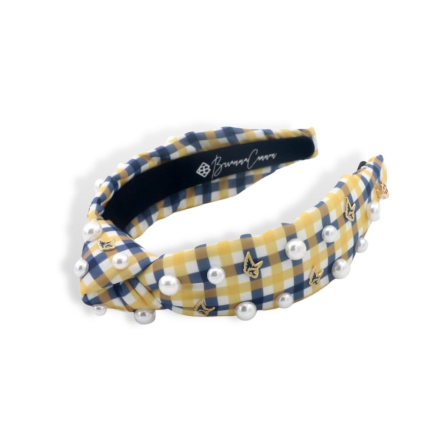 Accessories Brianna Cannon | Child Size Gold & Navy Gingham Pca Logo Headband With Pearls