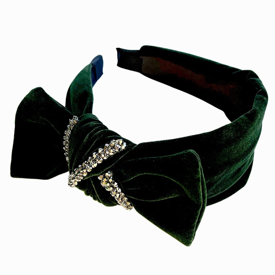 Accessories Brianna Cannon | Dark Green Velvet Side Bow Headband