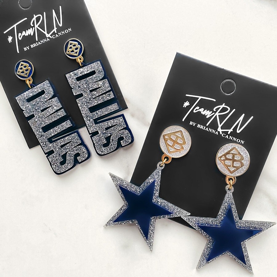 Accessories Brianna Cannon | Team Colors - Silver Glitter Dallas Earrings Over Navy With Navy Bc Logo Top