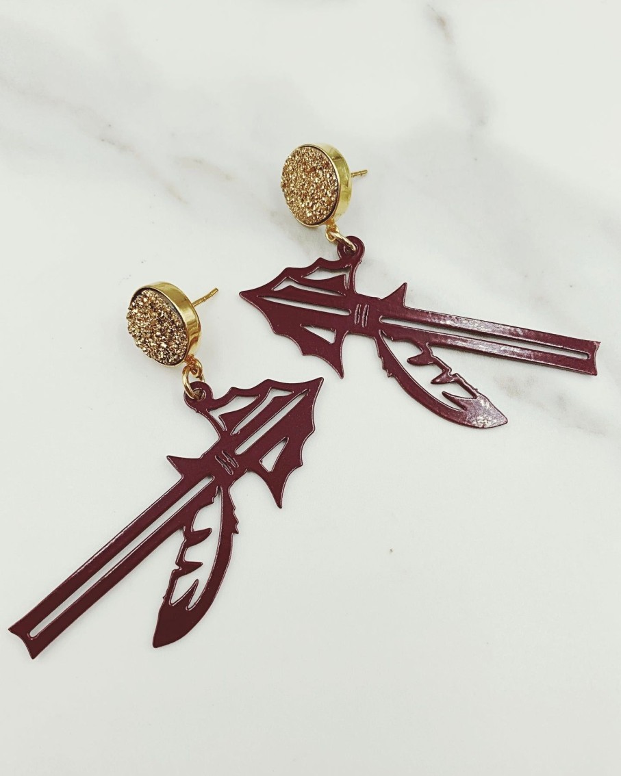 Accessories Brianna Cannon | Fsu Garnet Spear Earrings With Gold Druzy