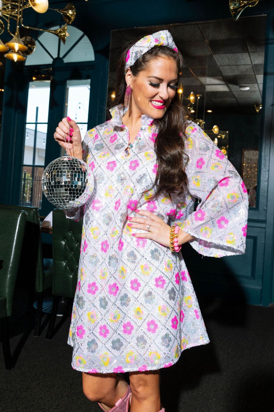 Dresses Brianna Cannon | Bc Caftan - Iridescent Silver Sequins With Bright Flowers