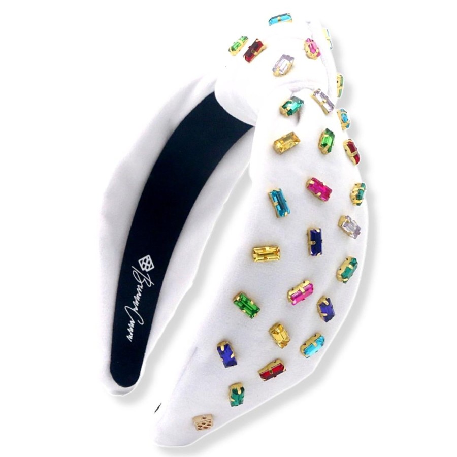 Accessories Brianna Cannon | White Velvet Headband With Confetti Rainbow Crystals