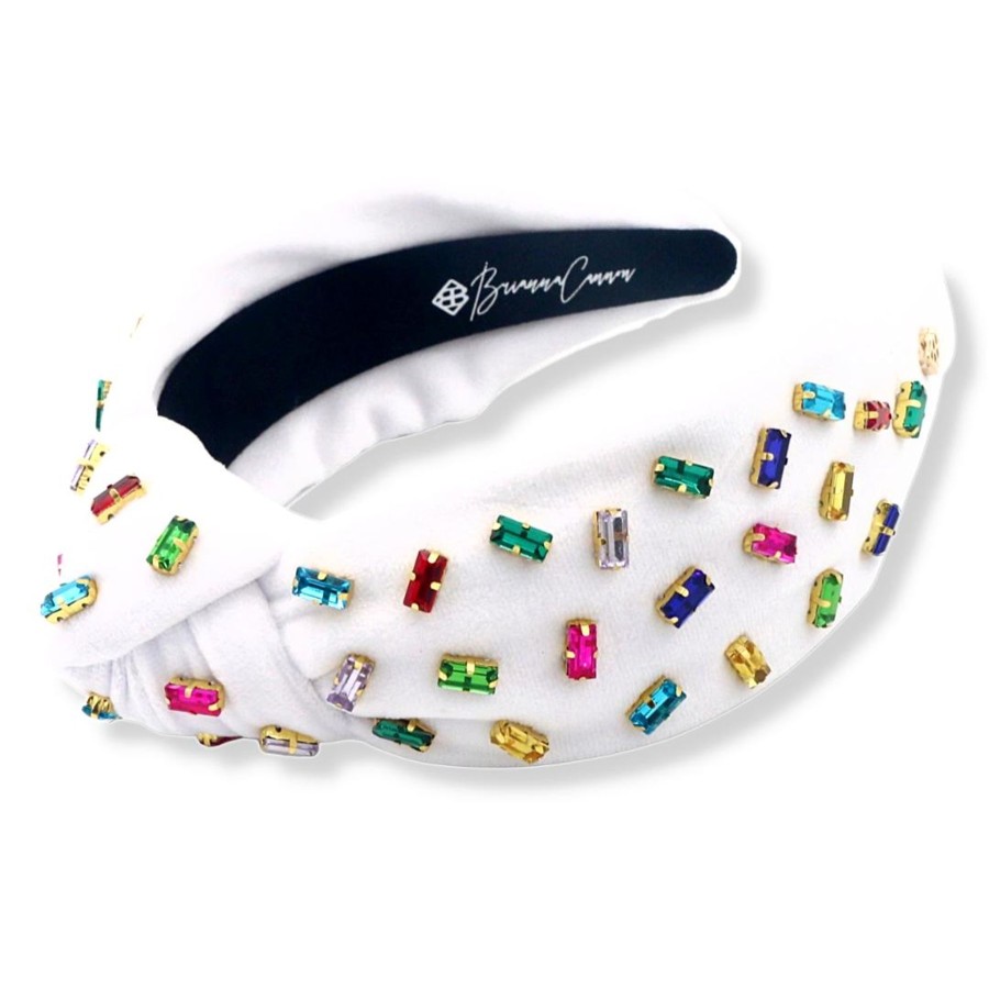 Accessories Brianna Cannon | White Velvet Headband With Confetti Rainbow Crystals