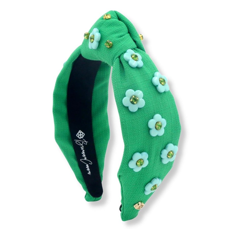 Accessories Brianna Cannon | Adult Size Green Twill Headband With Blue Flowers