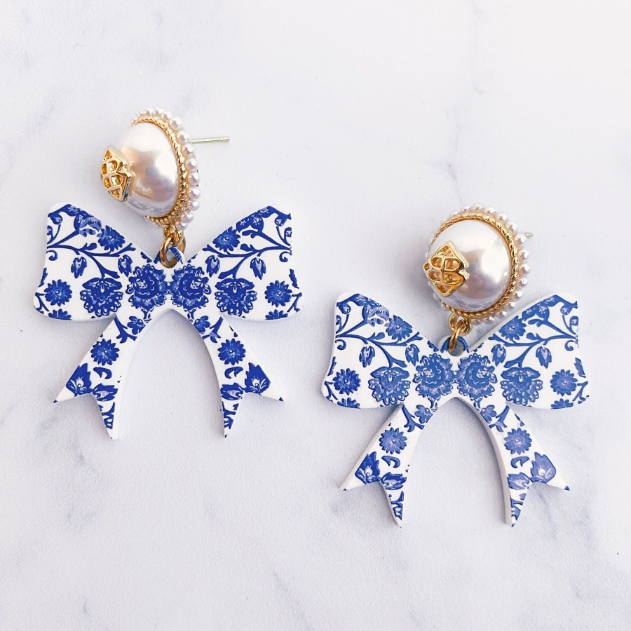 Accessories Brianna Cannon | Grandmillennial Collection - Chinoiserie Blue And White Bow Earrings