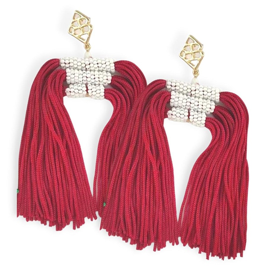 Accessories Brianna Cannon | Color Block Tassel Earrings - Crimson And White