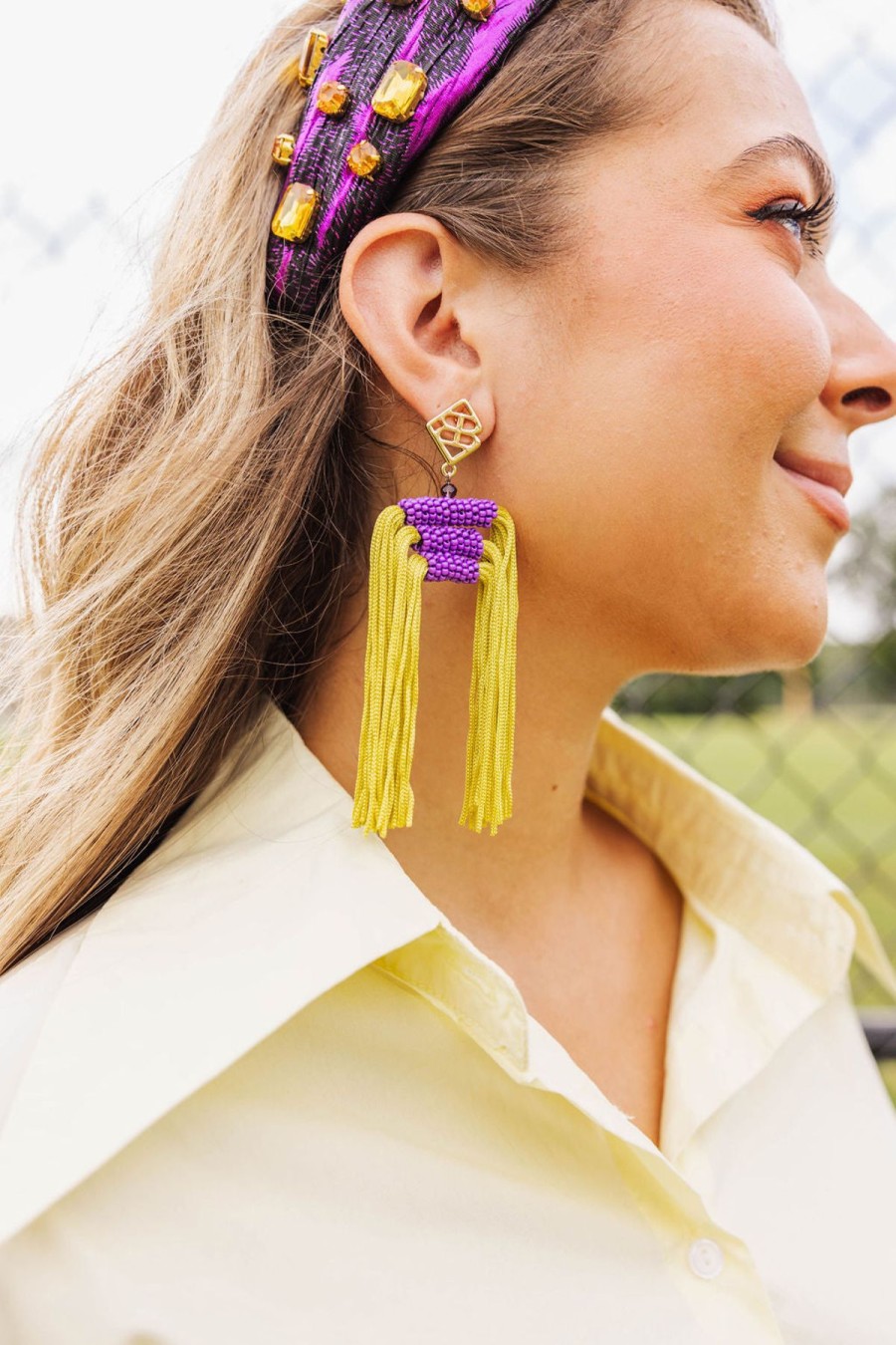 Accessories Brianna Cannon | Color Block Tassel Earrings - Purple And Gold