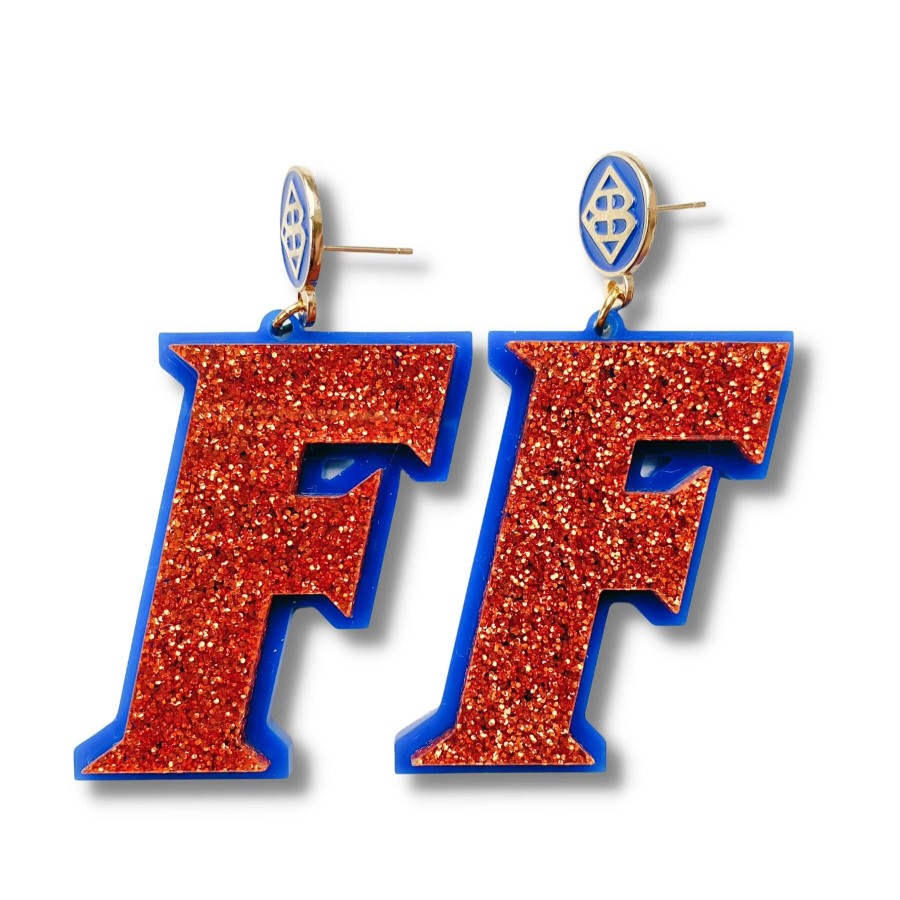 Accessories Brianna Cannon | Florida - Orange Glitter F Logo Earrings Over Blue With Blue Logo Top