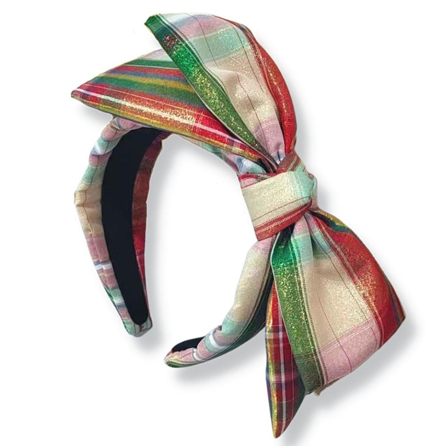 Accessories Brianna Cannon | Metallic White Tartan Plaid Side Bow Headband