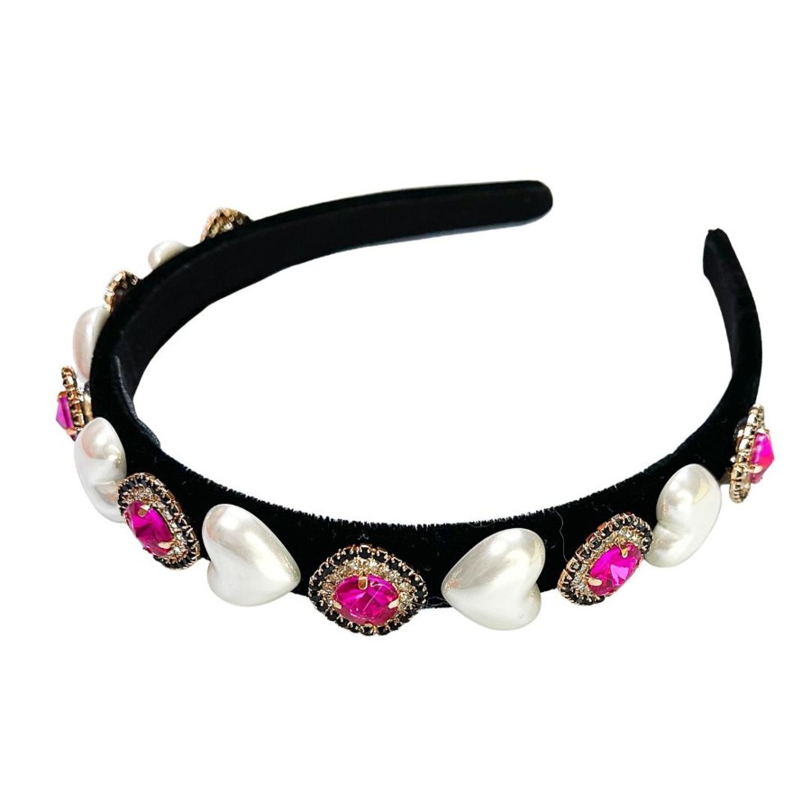 Accessories Brianna Cannon | Thin Black Velvet Headband With Pearl Hearts And Crystals