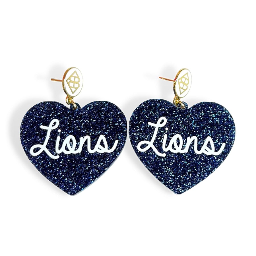 Accessories Brianna Cannon | Navy Glitter Heart Earrings With White Lions Script