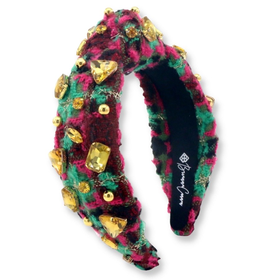 Accessories Brianna Cannon | Green & Pink Patchwork Tweed Headband With Crystals & Beads