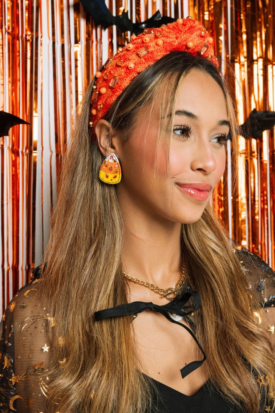 Halloween Brianna Cannon | Orange Knit Headband With Crystals & Pearls