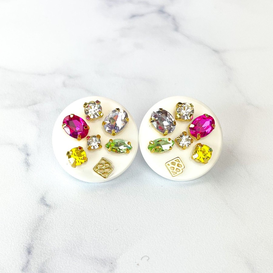 Rainbow Brianna Cannon | White Resin Dot Studs With Rainbow Crystals