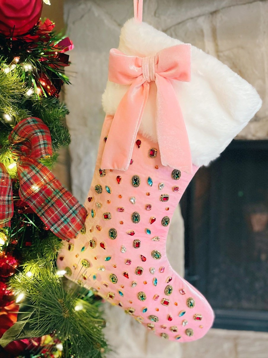 Pink Brianna Cannon | Pink Bejeweled Velvet Christmas Stocking With Bow