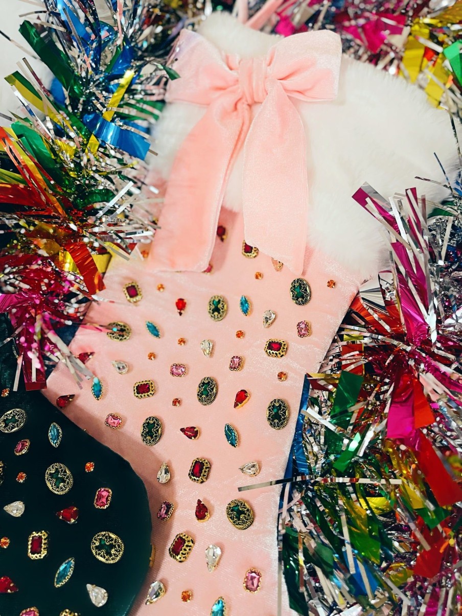 Pink Brianna Cannon | Pink Bejeweled Velvet Christmas Stocking With Bow