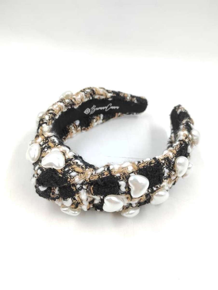 Accessories Brianna Cannon | Black And Tan Tweed Headband With Large Pearl Hearts