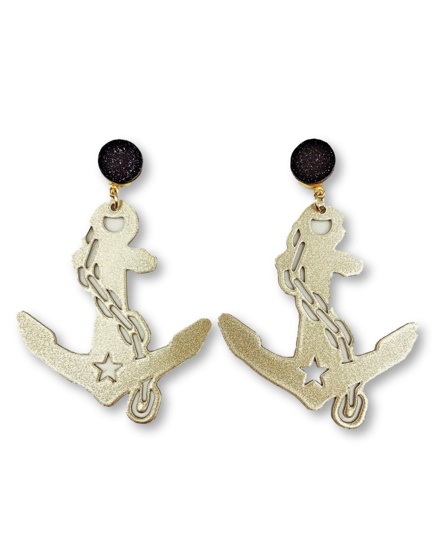 Accessories Brianna Cannon | Vanderbilt Gold Tone Anchor Earrings With Black Druzy