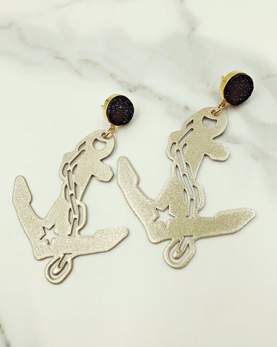 Accessories Brianna Cannon | Vanderbilt Gold Tone Anchor Earrings With Black Druzy