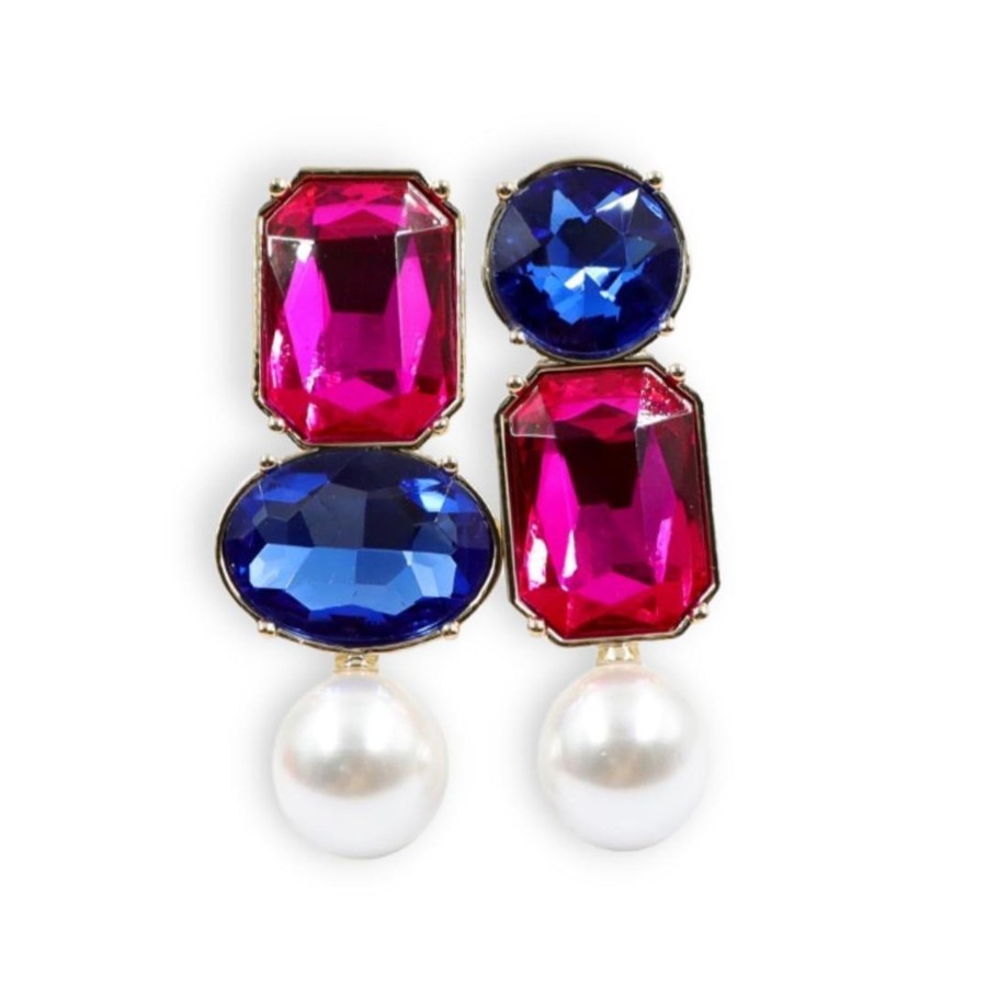 Accessories Brianna Cannon | Bc X Stylin Brunette - Hot Pink & Blue Jewel & Pearl Earrings